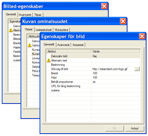 Screenshots of a dialog box localized in Danish, Finnish and Swedish.