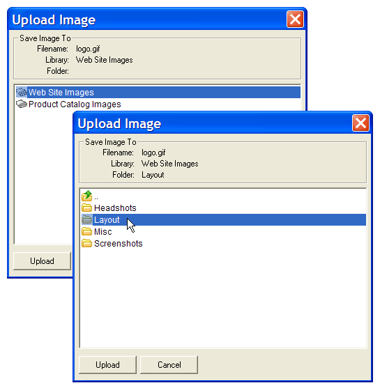 Upload Image dialog box with a sub-folder selected.