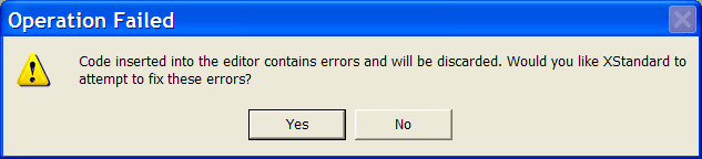 Dialog box: Code inserted into the editor contains errors and will be discarded. Would you like XStandard to attempt to fix these errors?