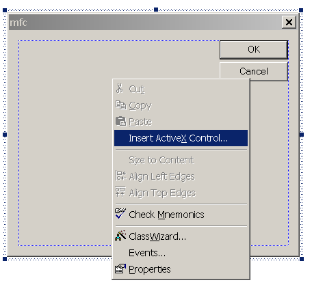 Screen shot of a context menu open over a dialog box. Selected item is Insert ActiveX control...