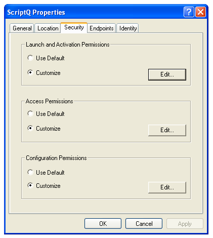 Screen shot of Component Services > ScriptQ Properties dialog box.