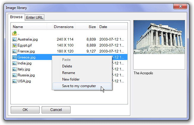 Image library dialog box. The context menu displayed over a file has the option 'Save to my computer' selected.