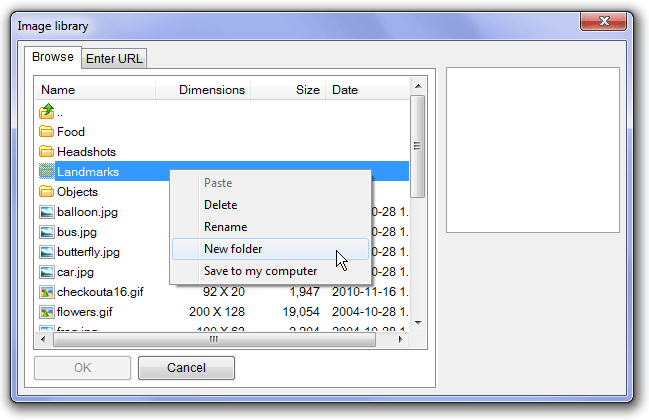 Upload image dialog box. A context menu over a folder has the option 'New folder' selected.