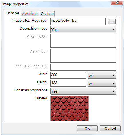 Screen shot of image properties dialog box for a decorative image.