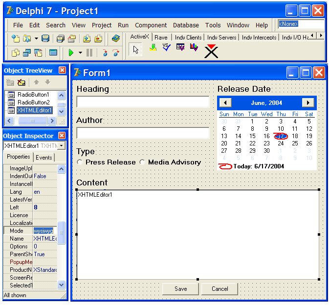 Screenshot of the Borland Delphi 7 environment. XStandard is on the menubar as well as on a form. The properties for the editor are displayed in the Object Inspector.