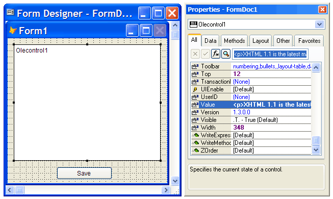 Screenshot of the Visual FoxPro environment. XStandard is on the form. The properties for