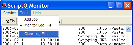 ScriptQ Monitor application with the tools menu extended and Clear Log File selected.