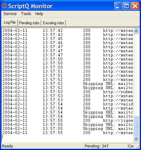 ScriptQ Monitor application with Log File tab selected.