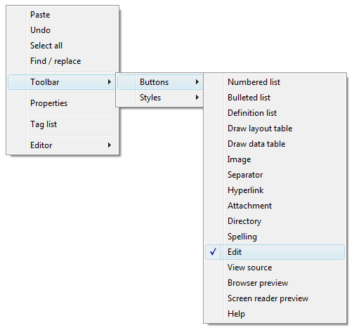 Context menu showing access to the toolbar buttons.