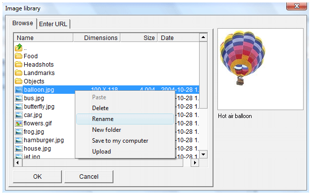 Screen shot of the image library dialog box with the context menu showing the ability to rename, delete and create a new folder.