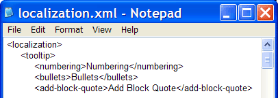 An image of a single language XML localization file being edited in notepad.