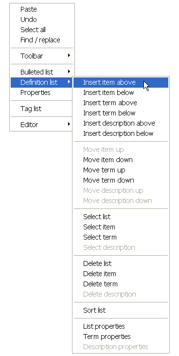 The definintion list context menu.