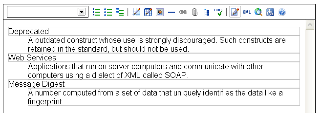 A definition list seen in Edit mode.