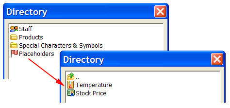 Directory service showing two placeholders - one for stock price and the other for temperature.