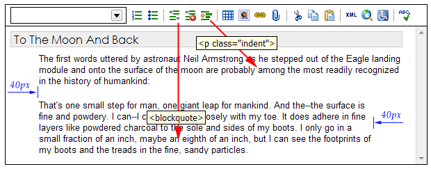 Screen shot comparing the use of CSS versus blockquote for indenting content. The Indent toolbar button indents content from 40px from the left. The blockquote button indents content 40px from both left and right.