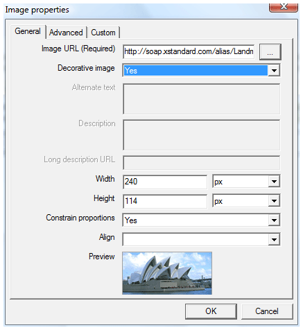 Image properties dialog box for a decorative image. Alternative text is not permitted.