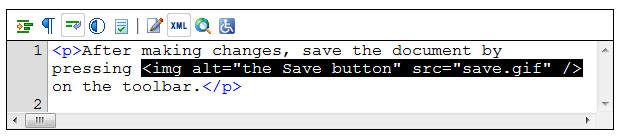 Screen shot of XStandard 'View source' mode showing markup for an image with the text 'the Save button' in the alt attribute.