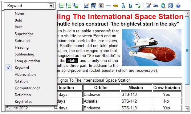 Screen shot of XStandard WYSIWYG editor with Styles menu extended.