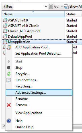 Advanced Settings context menu.